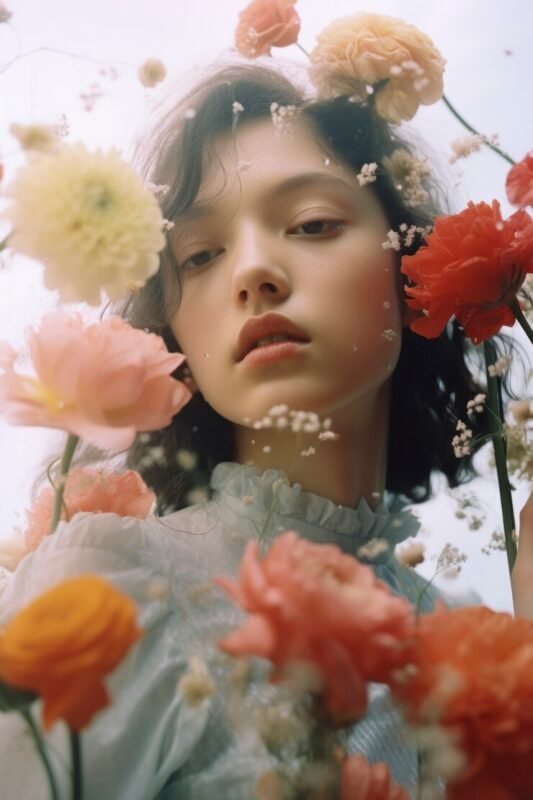 low-angle-woman-posing-with-flowers_23-2150725221